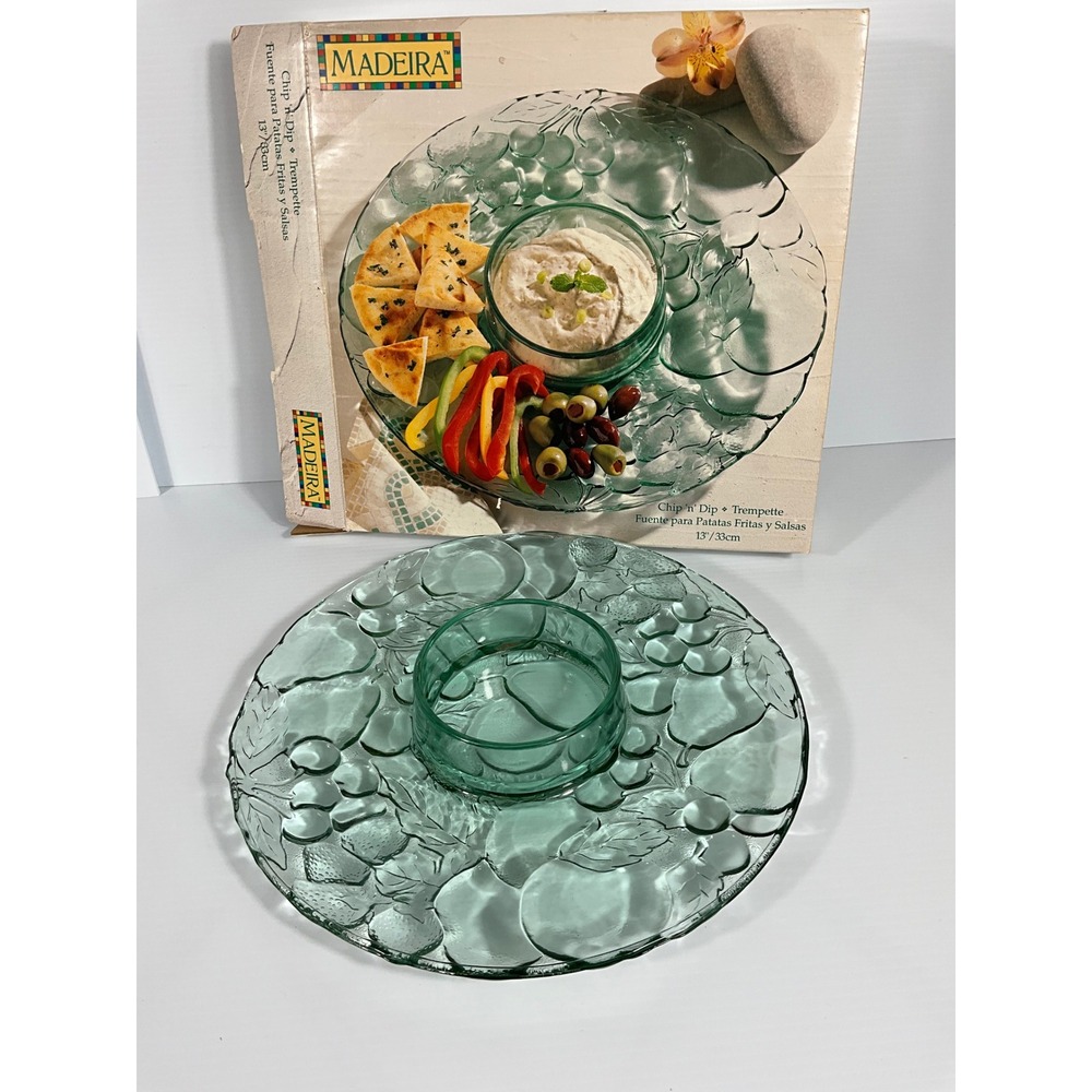 Indiana Glass Madiera Chip n Dip Platter Fruit Design Green 13" Serving Dish USA